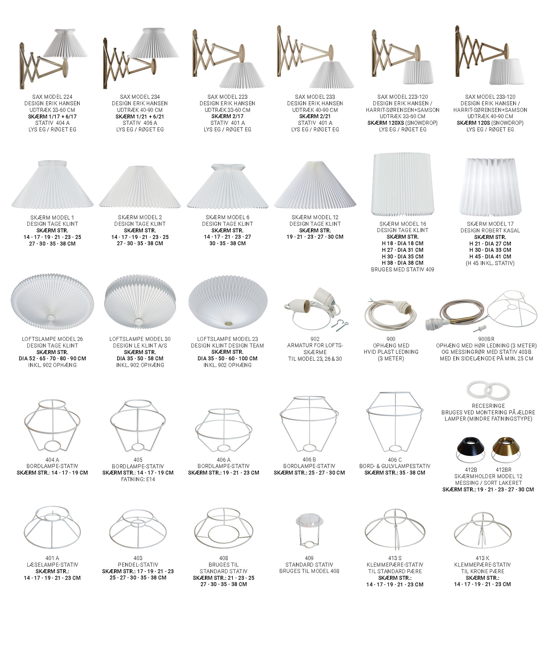 oversigt over skærmguide af Le Klint special stativer til lampeskærme